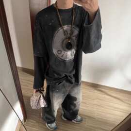正确版现货原标AC家徽章全喷砂数码印花假两件长袖T恤男女同款