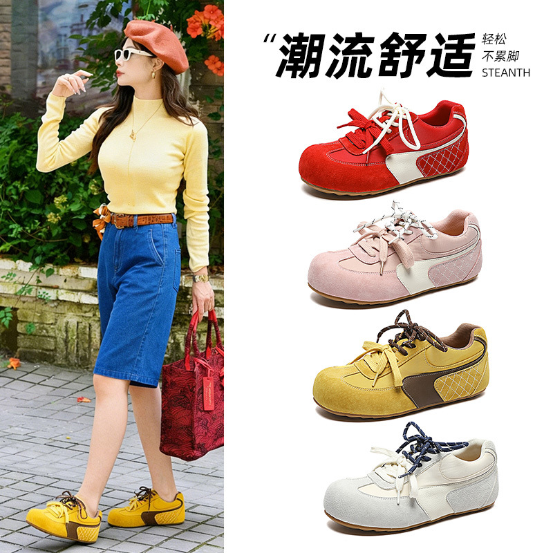 Cute and Quirky Women's Shoes 2026 Spring New Genuine Leather Shallow Mouth German Training Shoes Lightweight Breathable Sports Casual Shoes