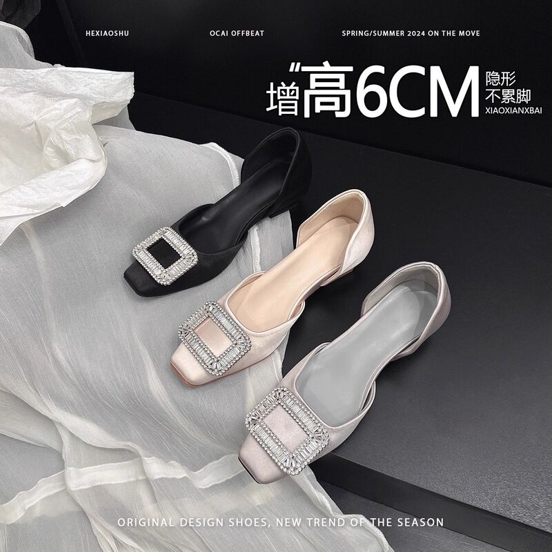 Satin Inner Height Increase 6cm Snowflake Rhinestone Buckle Shallow Mouth Flats for Women 2025 New French Breathable Hollow Sandals