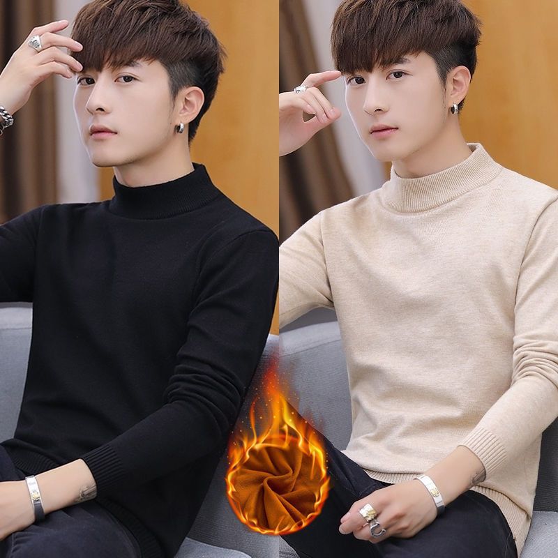 Cross-border men's sweater, Korean style, semi-high neck, knitted base layer, autumn and winter versatile round neck, fleece-lined, thick, black, student style.
