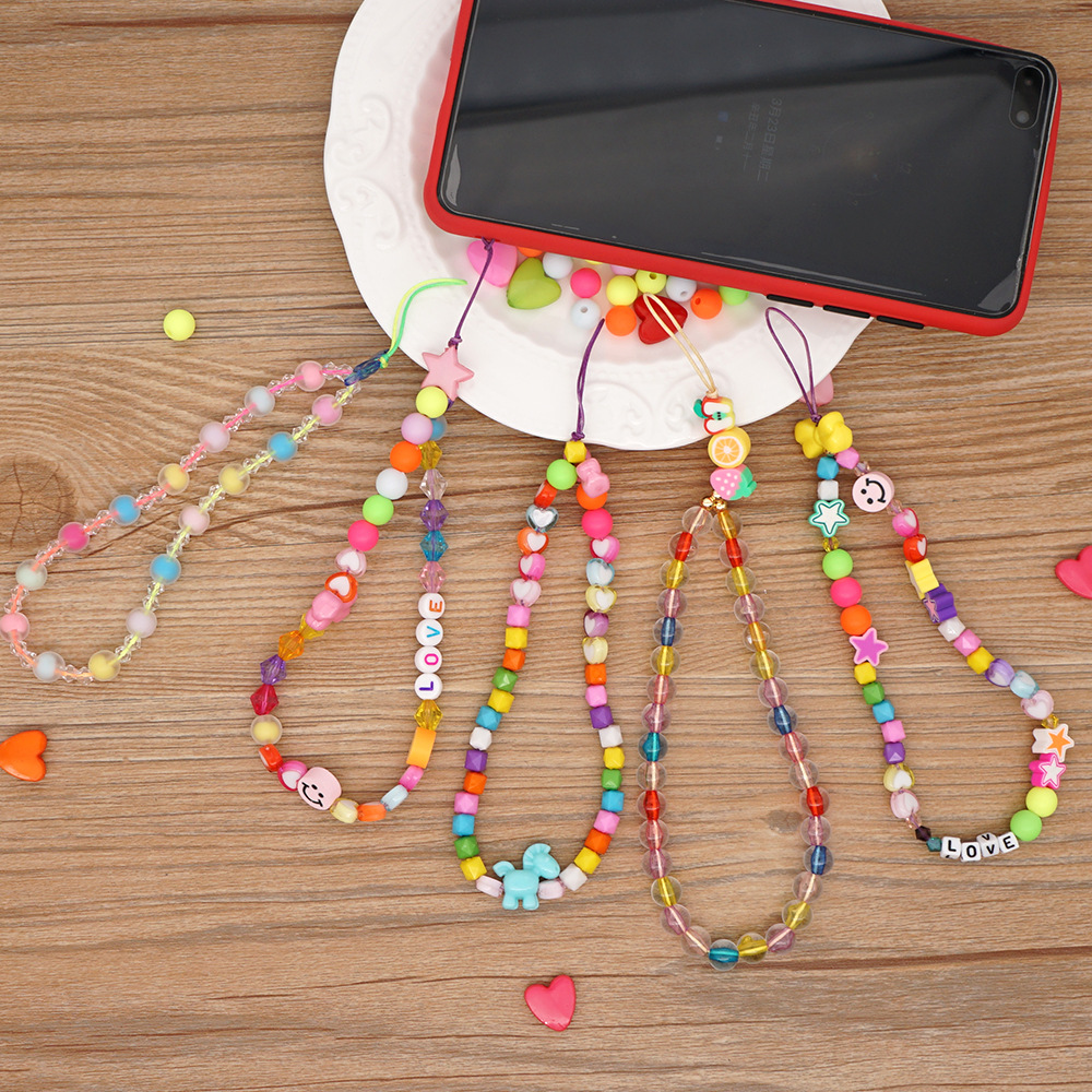 Mobile phone chain candy color acrylic beads soft pottery fruit short mobile phone lanyardpicture1