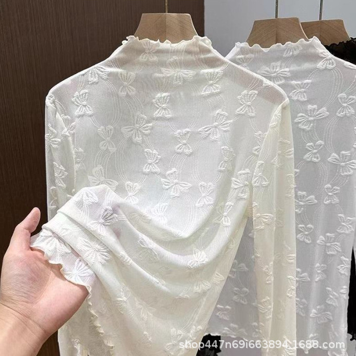2025 New Product Side Half Turtleneck Tulle Bottoming Shirt Women's Mesh Long-Sleeved Inner Spring New Jacquard Lace Top