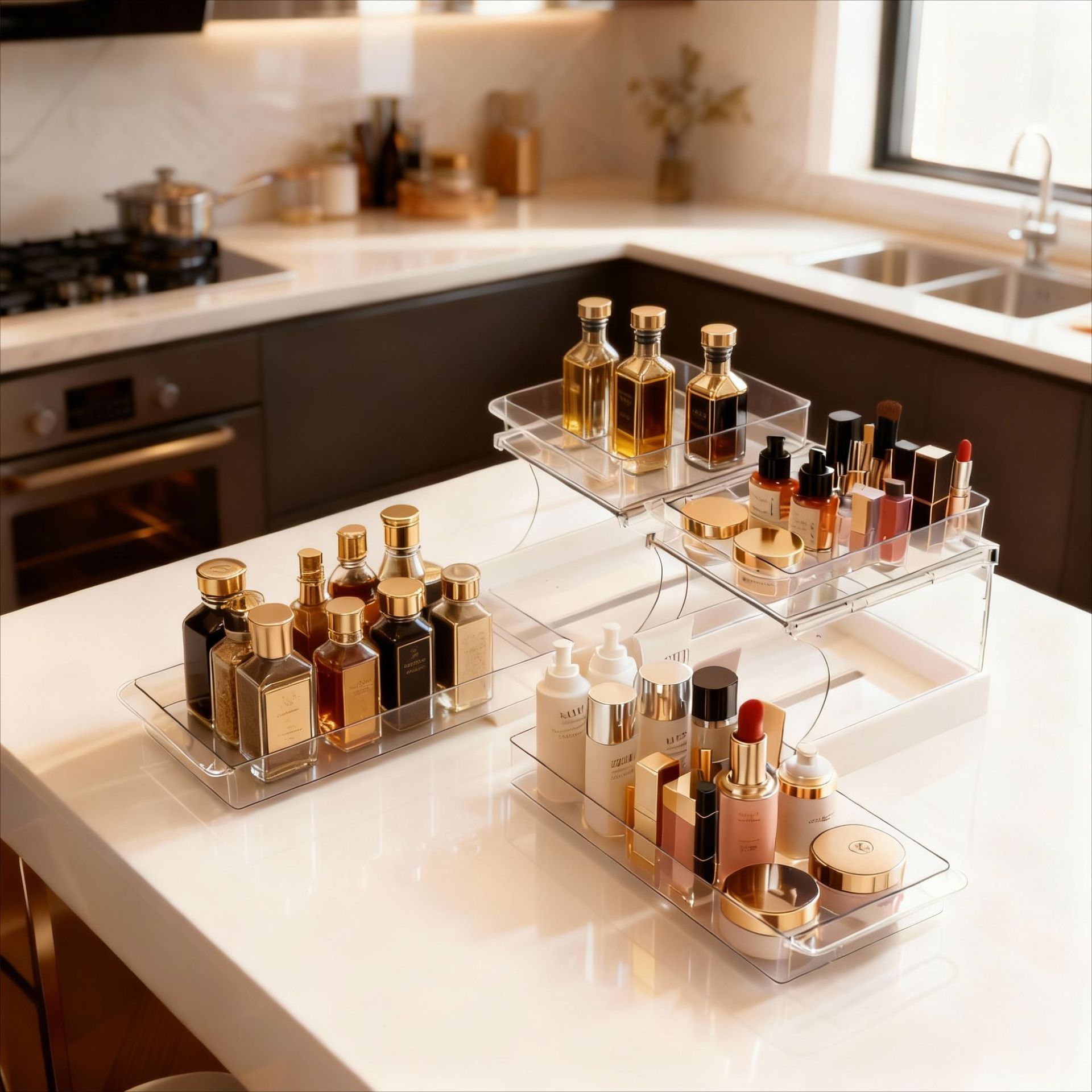 Estante de almacenamiento de cosméticos multifuncional Caja de almacenamiento de cosméticos giratoria Estante de almacenamiento tipo extracción Almacenamiento de productos de cuidado de la piel de escritorio