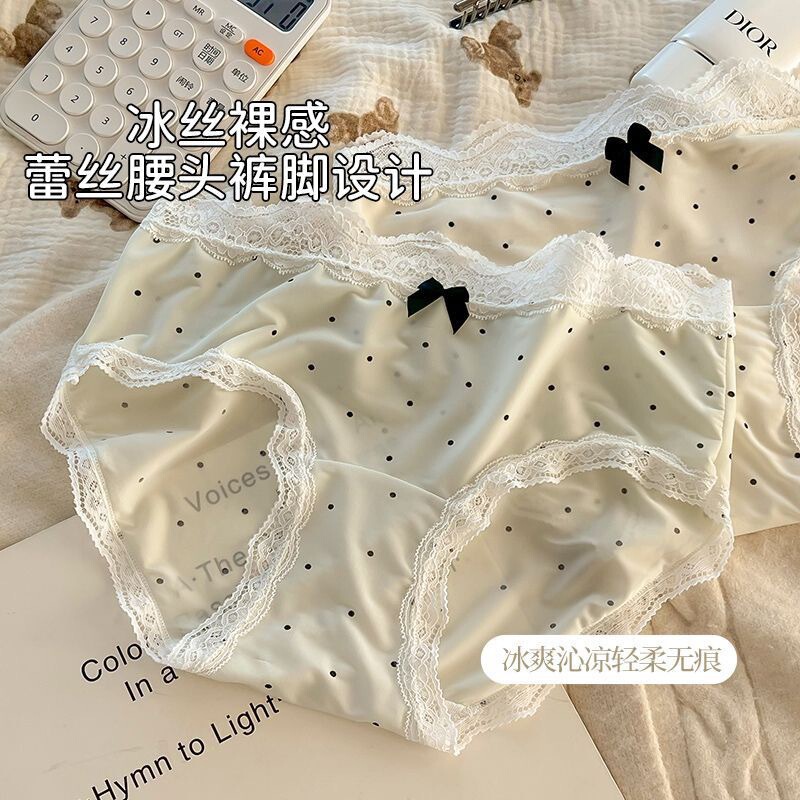 Cream Polka Dot French Retro Pure Cotton Underwear Women's Mid-Waist Sexy Lace Pure Cotton Briefs
