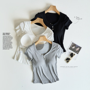Women's Summer Thin Slim-Fit Half-Sleeve Knit Top with Chest Pads, Bra-Free Integrated Slimming Base T-Shirt Top