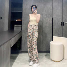 跨境花裤子女夏凉裤薄款休闲垂感直筒拖地夏季冰丝高腰显瘦阔腿裤