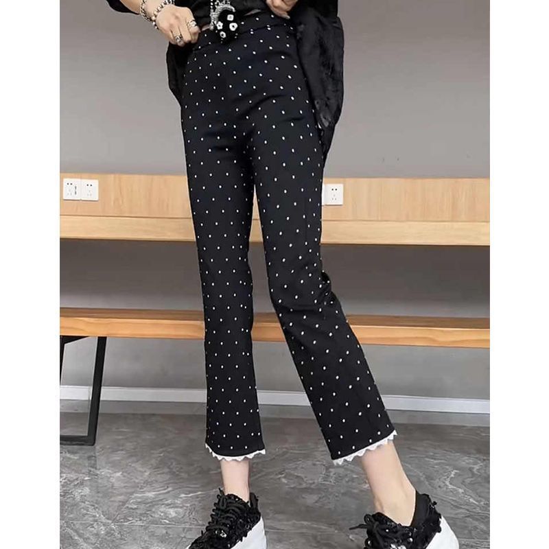 波点弹力高腰休闲裤女新款夏季显瘦八分烟管裤大码遮肉洋气直筒裤