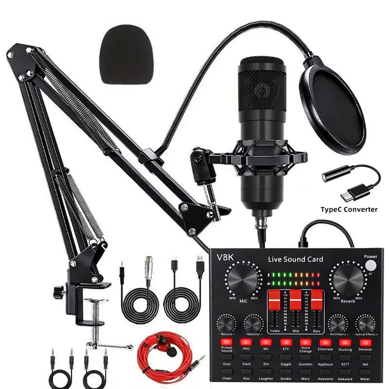 bm800 negro + v8k tri-pusher + conjunto de conversión typec + auriculares