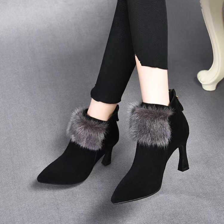 Tweed Style High-Heeled Short Boots for Women 2025 Autumn and Winter New Pointed Toe Elegant Mink Hair Stiletto Wine Glass Heel Fashion Boots for Women
