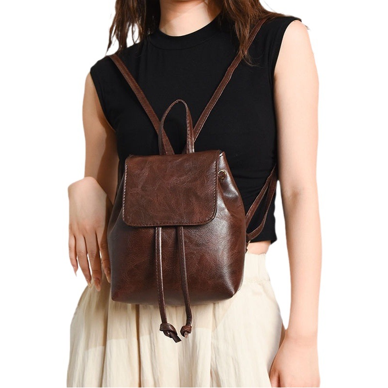 2026 New Women's Bag Backpack Spring and Summer Simple Versatile Niche Retro Brown Drawstring Shoulder Bag Women's Bag New