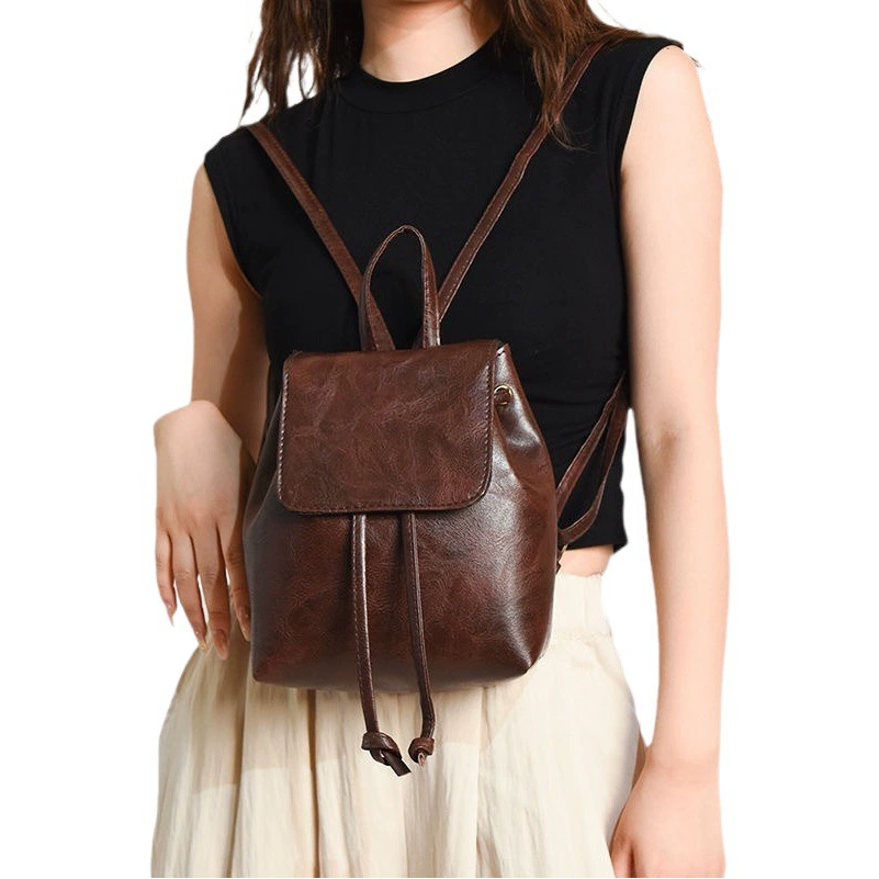Рюкзак женский 2025 весна и лето новый стиль простая и универсальная литературная сумка женская нишевая ретро коричневая сумка через плечо на шнурке