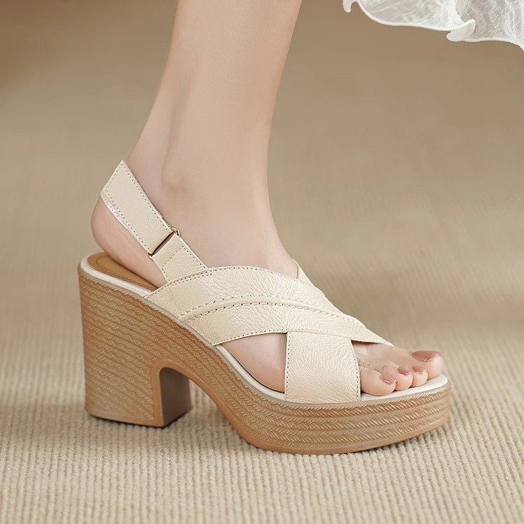 Thick-Soled Open-Toe Sandals for Women, New Summer Style, Off-White, Waterproof Platform, Velcro Straps, Round-Toe Roman High Heels