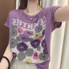 夏の竹節綿飛袖丸首ファッション花プリントゆったりとした半袖tシャツ女性上着潮