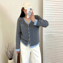 【包邮】大码v领真两件上衣女外套2025秋款胖mm宽松休闲针织开衫