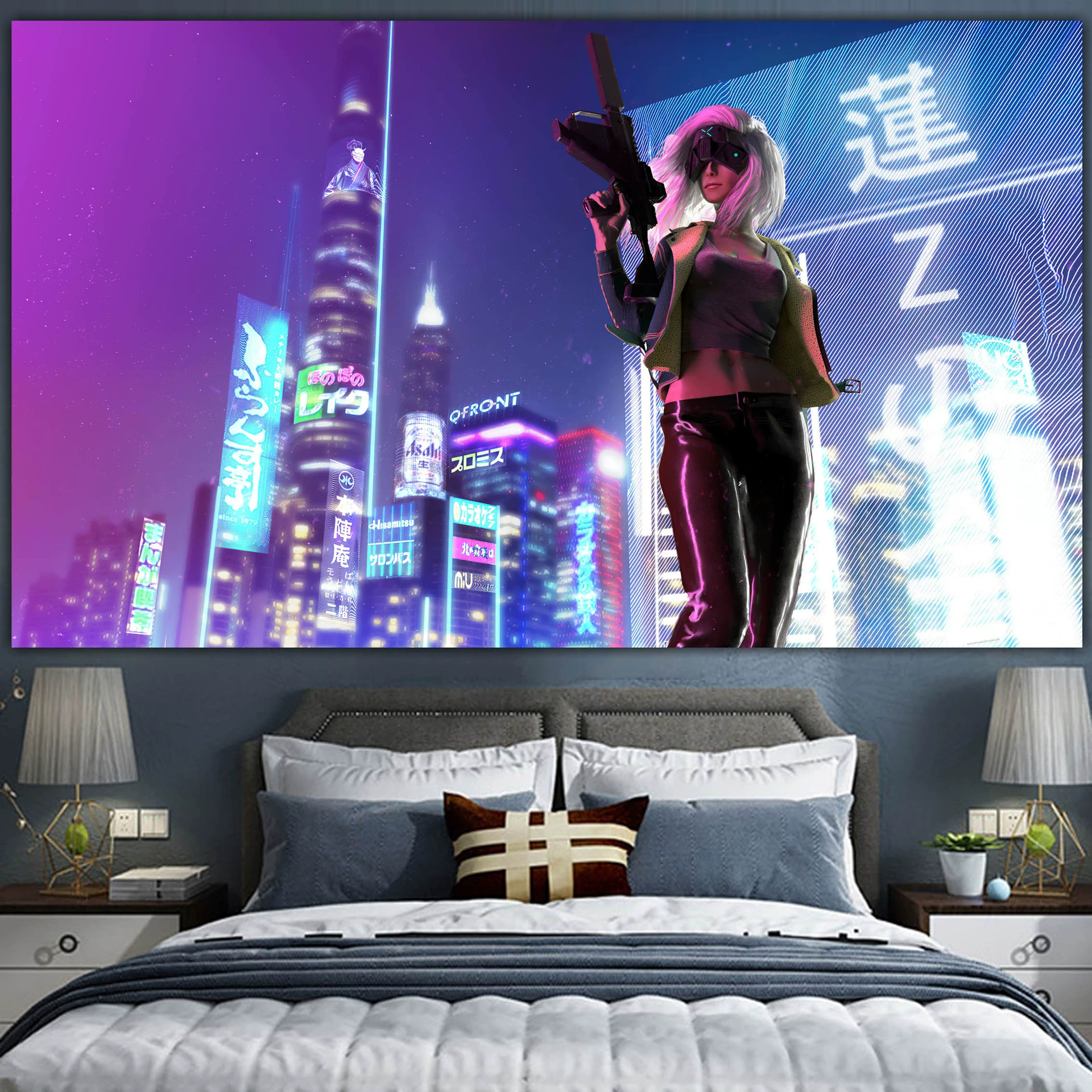 Постер cyberpunk неоновый город, размеры 38×65 см, 85×155 см, 110×200 см