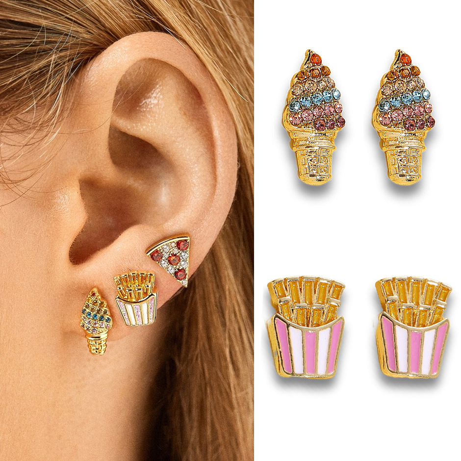工厂直销 欧美新款夏季小清新粉色薯条耳钉彩色镶钻冰淇淋耳环