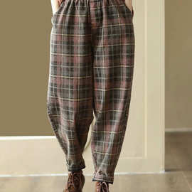 新款复古做旧炒色格子牛仔裤女松紧腰显瘦哈伦裤休闲长裤