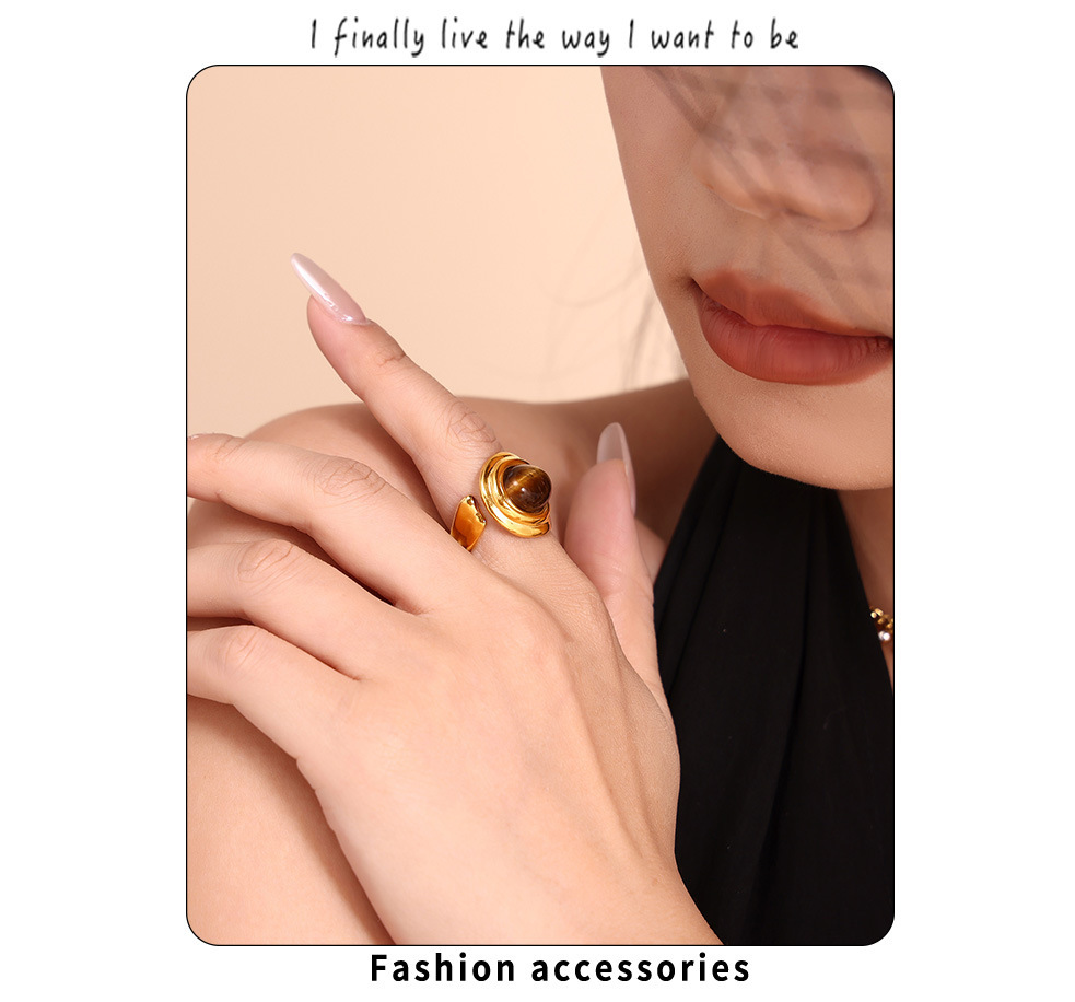 Retro Tiger Eye Stone Hoop Earrings & Open Ring Set Gold Plated_voghion.com
