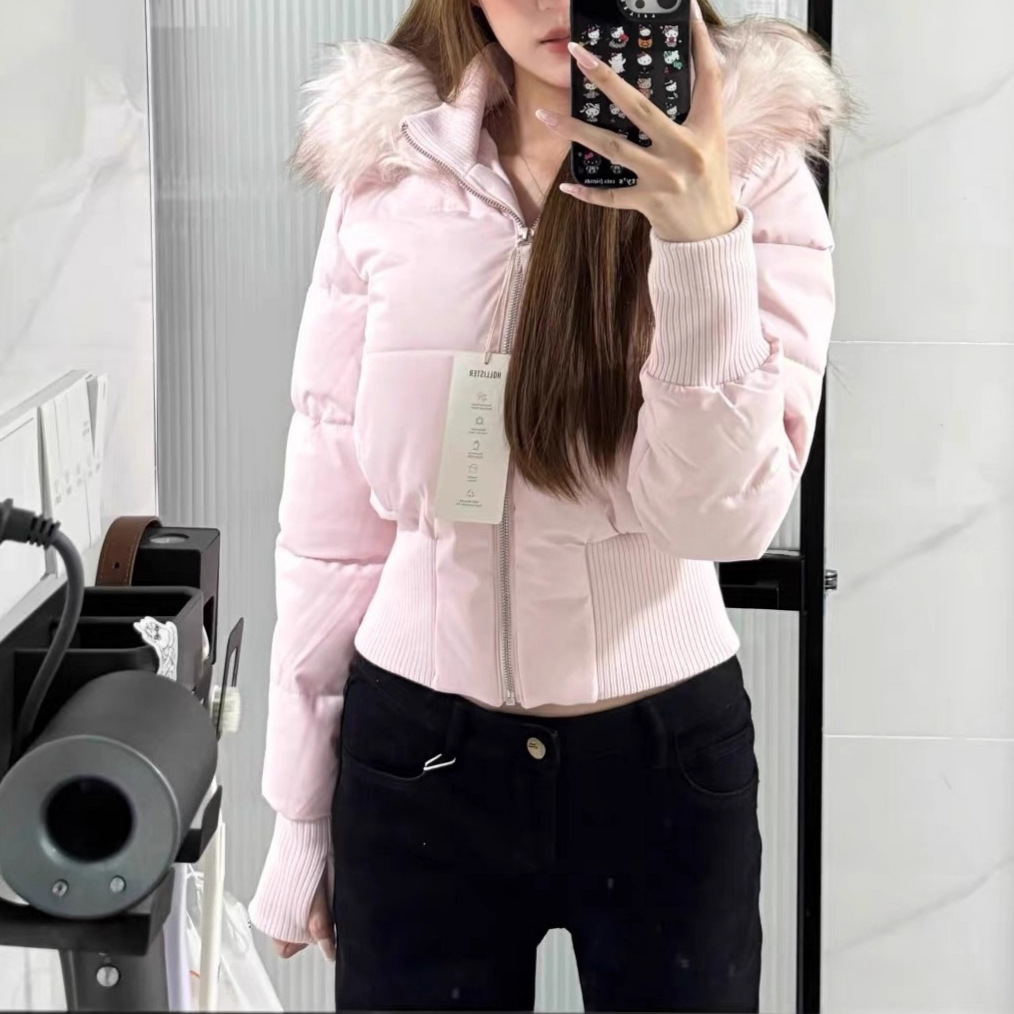明星同款粉色修身短款大毛领羽绒服女冬连帽外套短款