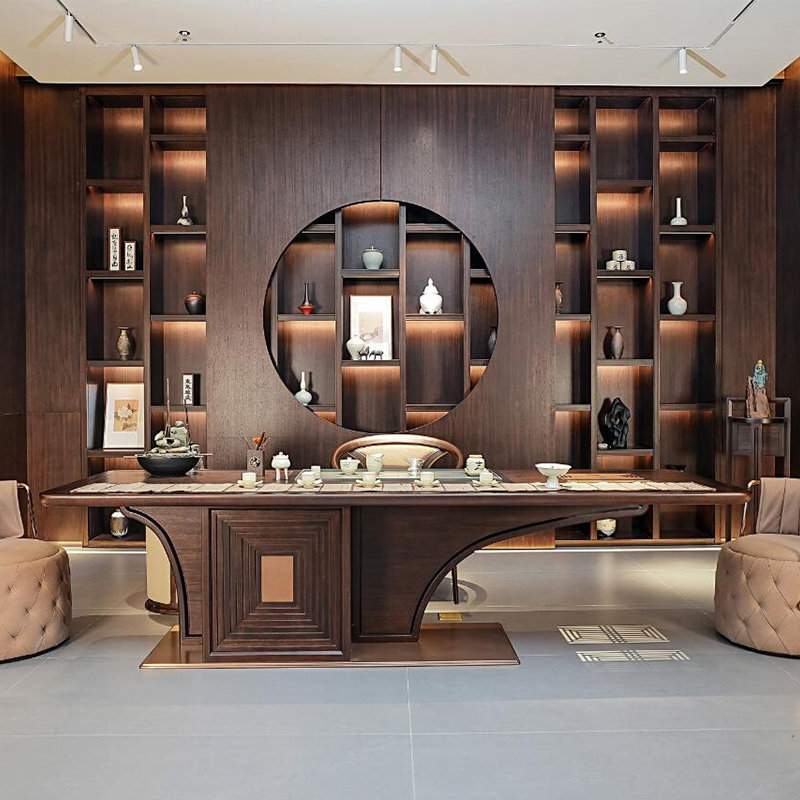 New Chinese-style North American black walnut wood solid wood tea table, office light luxury modern high-end tea table, villa tea table
