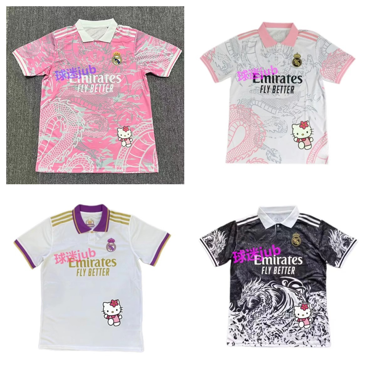 新款皇家马德里Hello Kitty粉白龙纹球衣短袖成人潮流足球服