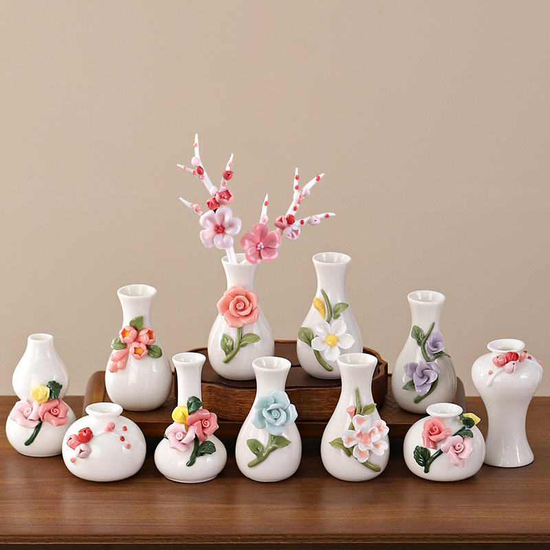 新中式陶瓷手工捏花花瓶花枝小瓷瓶客厅插花摆件小清新花器装饰