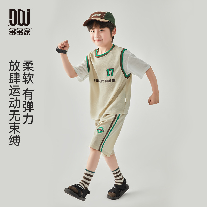Duojia 子供服男の子スーツスポーツスーツ夏子供速乾性半袖ショーツバスケットボールスーツ偽ツーピースセット|undefined