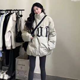美式复古字母印花面包服棉衣外套女冬季新款立领加厚宽松学生棉服