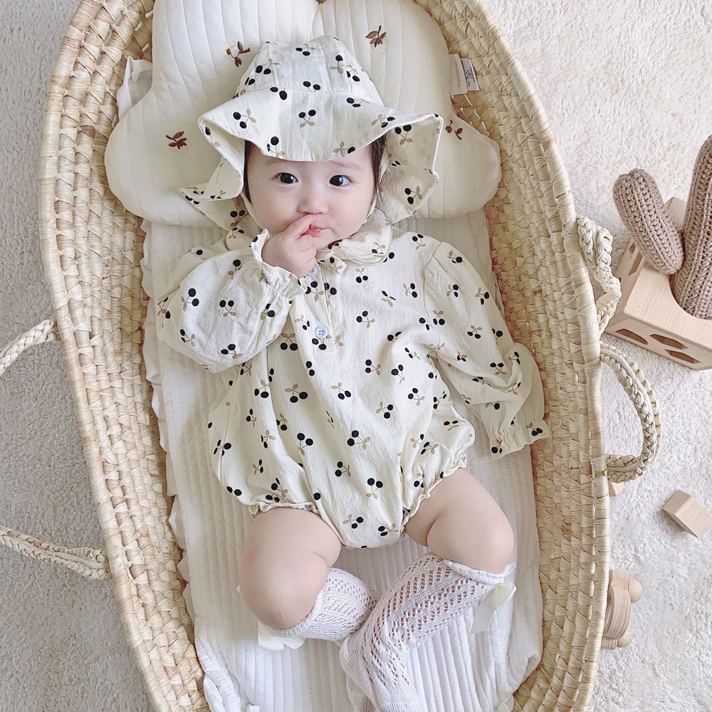 0-2 años de edad del bebé de una sola pieza mameluco de primavera y otoño ropa 1 bebé niña impresa muñeca collar mameluco mono con sombrero