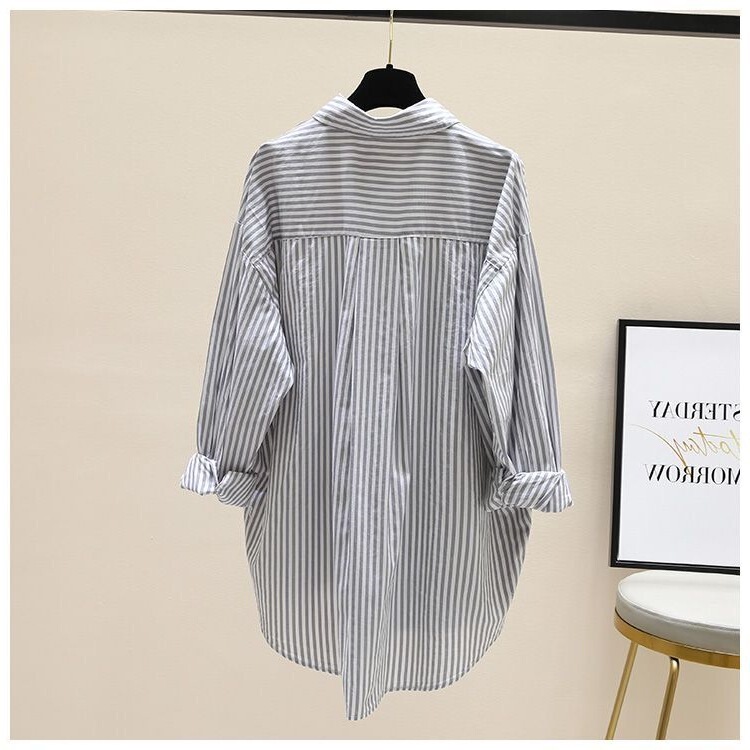 Striped Cotton Printed Long-Sleeved Shirt for Women 2025 New Loose Korean Style Casual Mid-Length Cardigan Shirt for Women