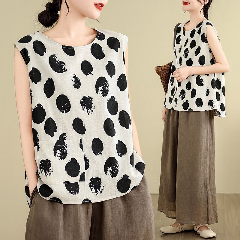 Plus-Size Women's Sleeveless Tops, Plus-Size Vests, Middle-Aged and Elderly Mom's Clothing, Tummy-Covering Cotton and Linen Pocket Tops, Loose-Fitting Outerwear