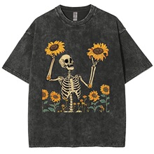 Skull Sunflower Print Fashion Design T-Shirt Teen Student Ov