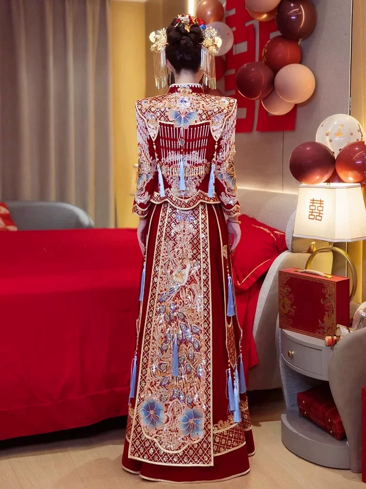 Бархатное суе традиционное свадебное платье, plus size, дракон и феникс, облегающее