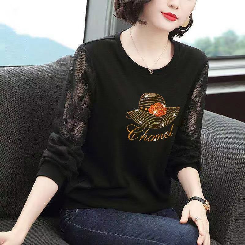2025 New Spring and Autumn Coat Long-sleeved T-shirt Women's Lace Western-style Base Shirt plus size for Middle-aged Mothers