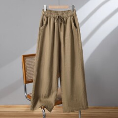 綿質の広腿のズボンの女性の禅服の秋の高い腰の垂感の新型の9分のズボンの大きいサイズの太極のズボンはひものまっすぐな筒のカジュアルなズボンを引きます。