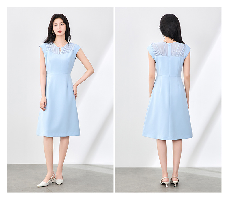 Đầm vest chữ A không tay phối voan mùa hè — Màu xanh da trời chi tiết 13