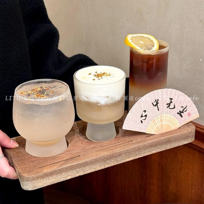 New Chinese-Style Creative Frosted Glass Cup Set for Three Types of Tea, Coffee Cup, Latte Art Cup with Tray and Wooden Plate