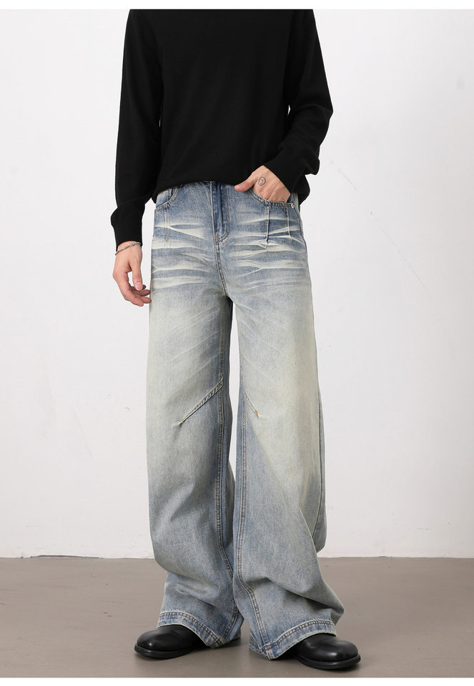 Quần jeans nam dáng rộng ống đứng phong cách high street, lưng vừa, dài ống, dễ phối đồ — Xanh nhạt chi tiết 14