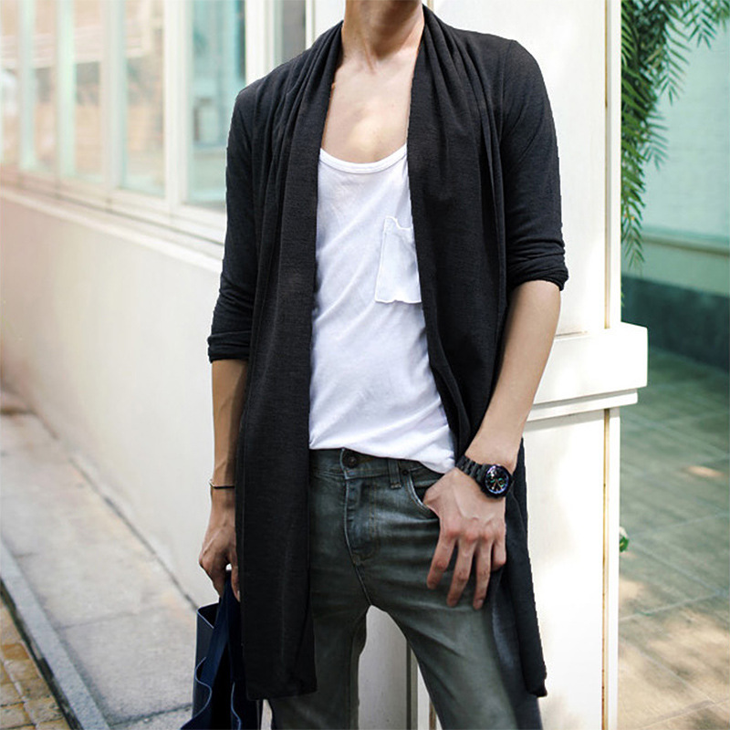 Spot spring men's extended cardigan casual long sleeve sweater Foreign Trade wish youth solid color thin coat