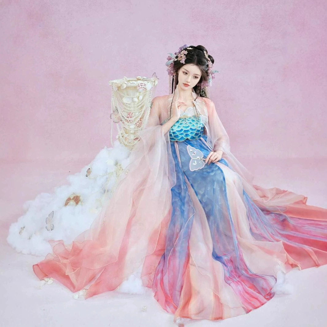 Летний ханьский костюм танский женский туфли с плоской грудью юбка супер фея юбка с вышивкой с большими рукавами весной и летом новый