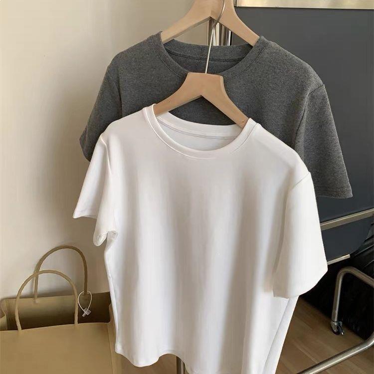 Solid Color Round Neck Brushed Cotton T-Shirt, Loose Fit, Slimming, Flattering, Basic Versatile Spring Essential Short-Sleeve Base Shirt in Off-White Solid Color Round Neck Brushed Cotton T-Shirt, Loose Fit, Slimming, Flattering, Basic Versatile Spring Essential Short-Sleeve Base Shirt in Off-White