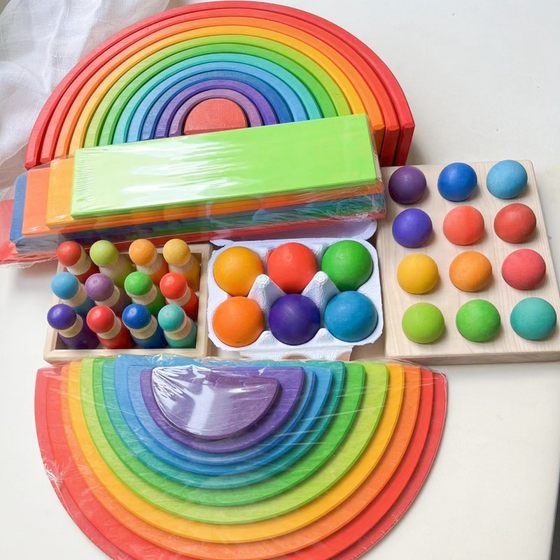 Rainbow Building Blocks Large Wooden Little People Stacking Music Color Cognition Children's Creative Assembled Toys Building Blocks Rainbow Bridge
