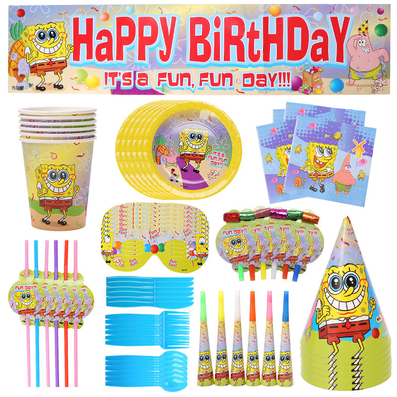 Cross-border New Spongebob Children's Theme suit Birthday Flag Pull Invitation Card Plate Tableware Party Decoration