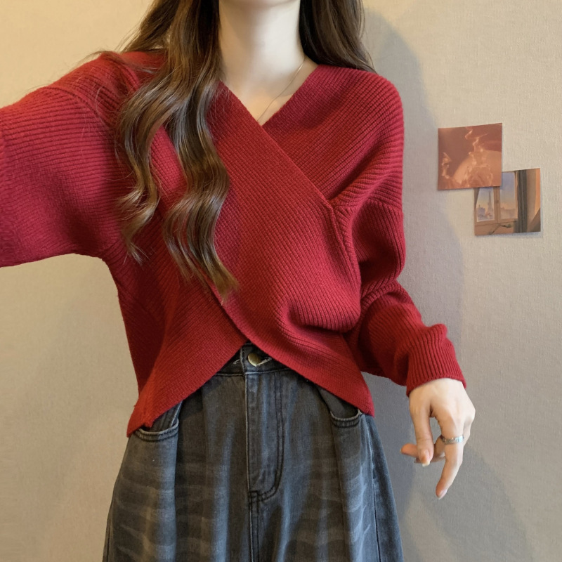 不规则交叉v领套头毛衣女秋季内搭宽松慵懒短款针织衫设计感上衣|undefined