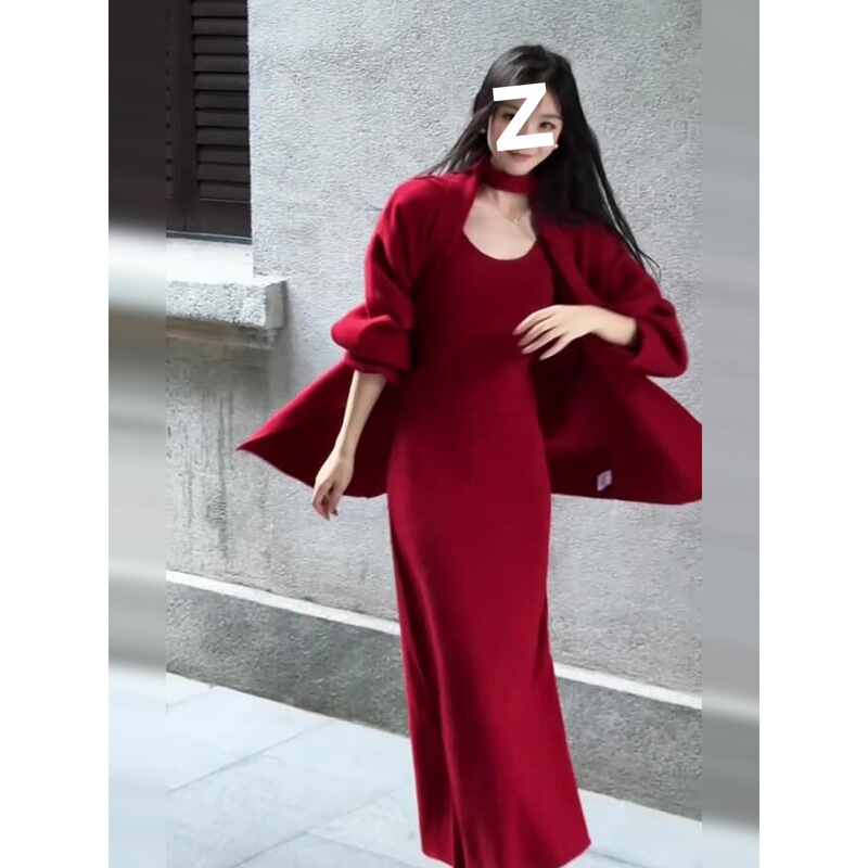 早秋穿搭红色针织毛衣套装连衣裙子女秋季2025新款初秋穿搭一整套|undefined