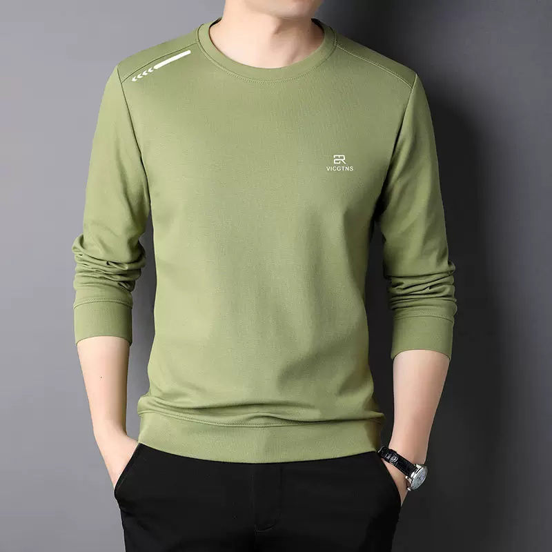 2024秋季中青年男棉质圆领纯色长袖T恤 时尚潮流休闲百搭新款上衣