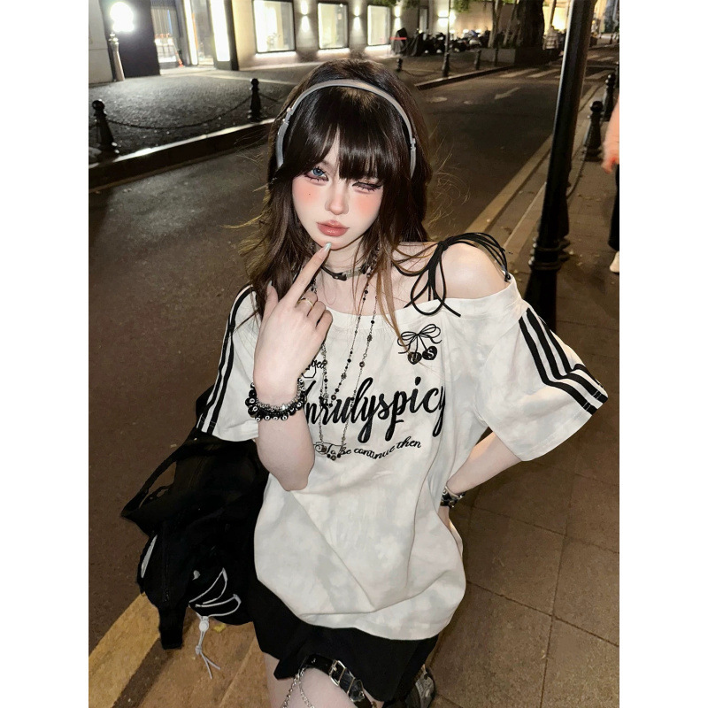 店铺新款热卖刺绣韩甜酷辣妹扎染露肩棉短袖T恤女夏新款设计感|undefined