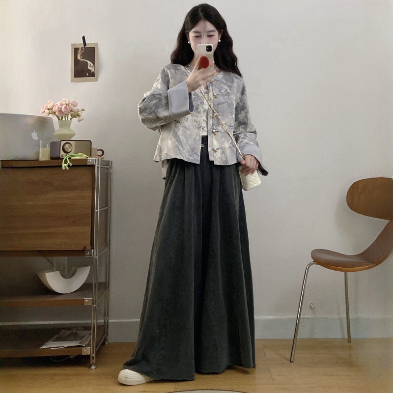 大码套装女秋季高级感新中式国风盘扣短外套阔腿裤裙两件套A5803|undefined