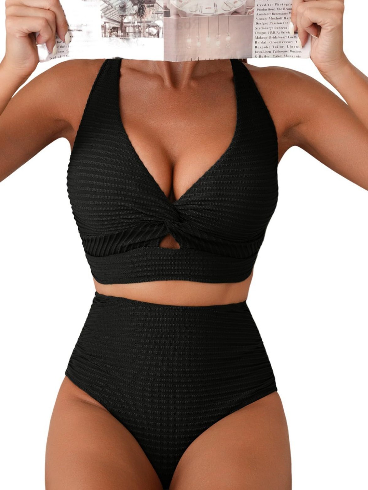 2025 Europa y Estados Unidos texturas transfronterizas de mujer bikini conjunto frente torcido chaqueta de cintura alta trajes de baño mujeres