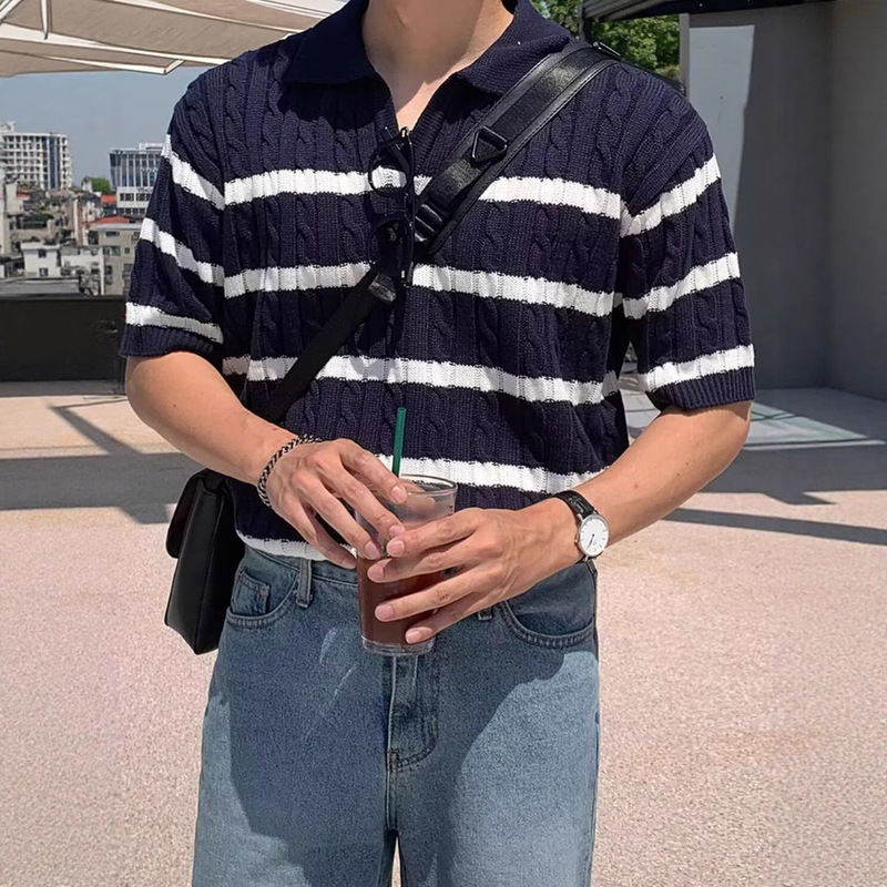 Summer Striped Knit Short-Sleeve Sweater with a Unique Design, High-End Feel, and Thick Cable Knit Short-Sleeve Top T-Shirt